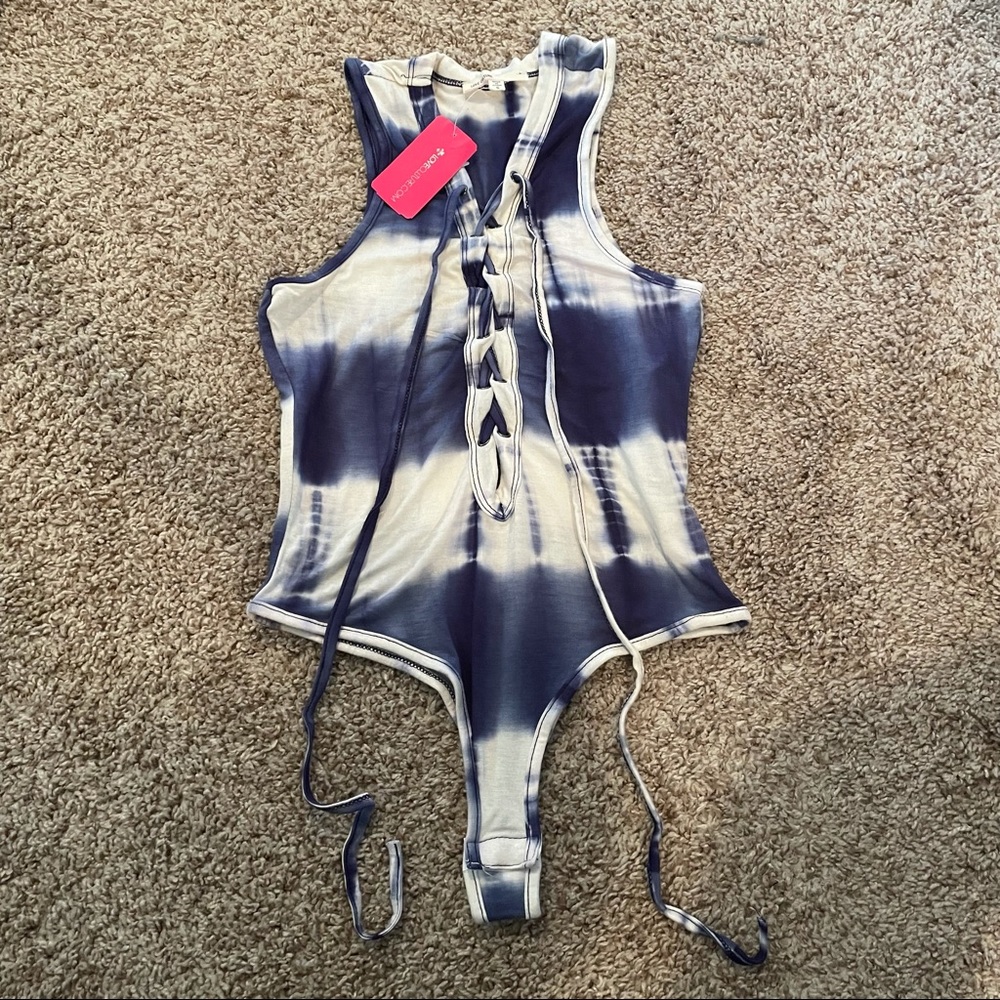 Love Culture Navy and White Lace Up Bodysuit